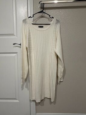 Cream Ribbed Knit Sweater Dress